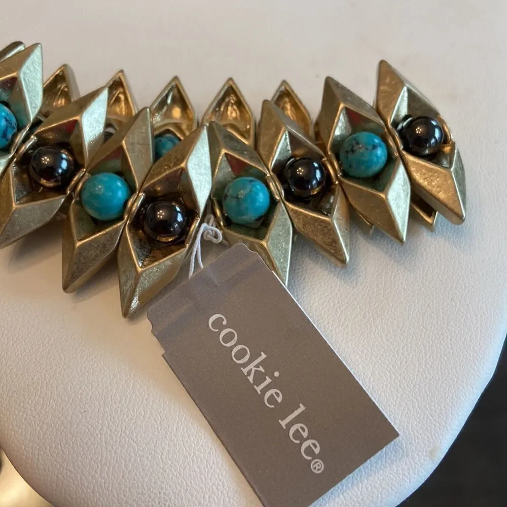 Cookie Lee NWT elastic Bracelet old gold color with genuine stones